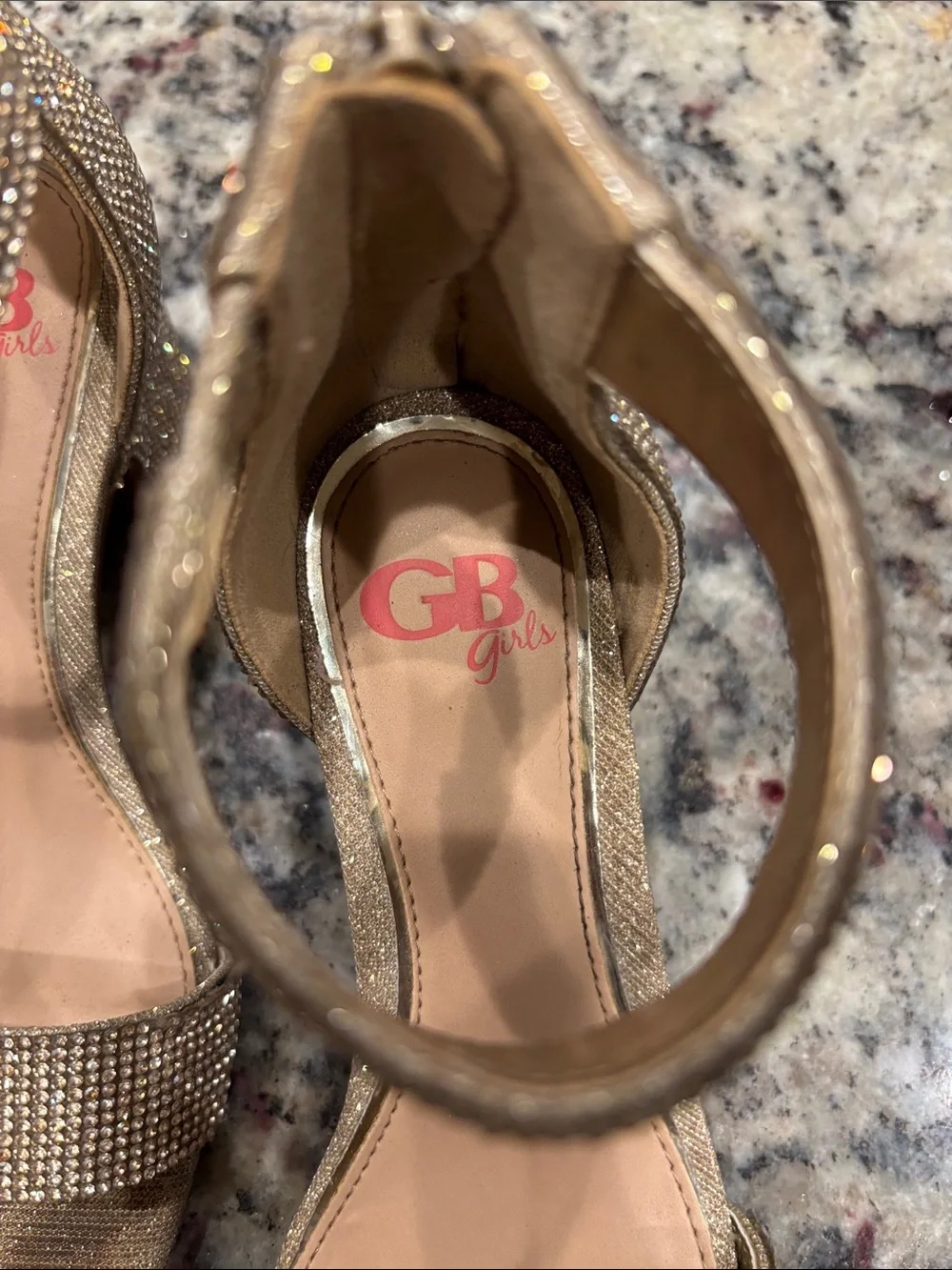 GB Girls Gold Rhinestone Ankle-Strap Block Heels